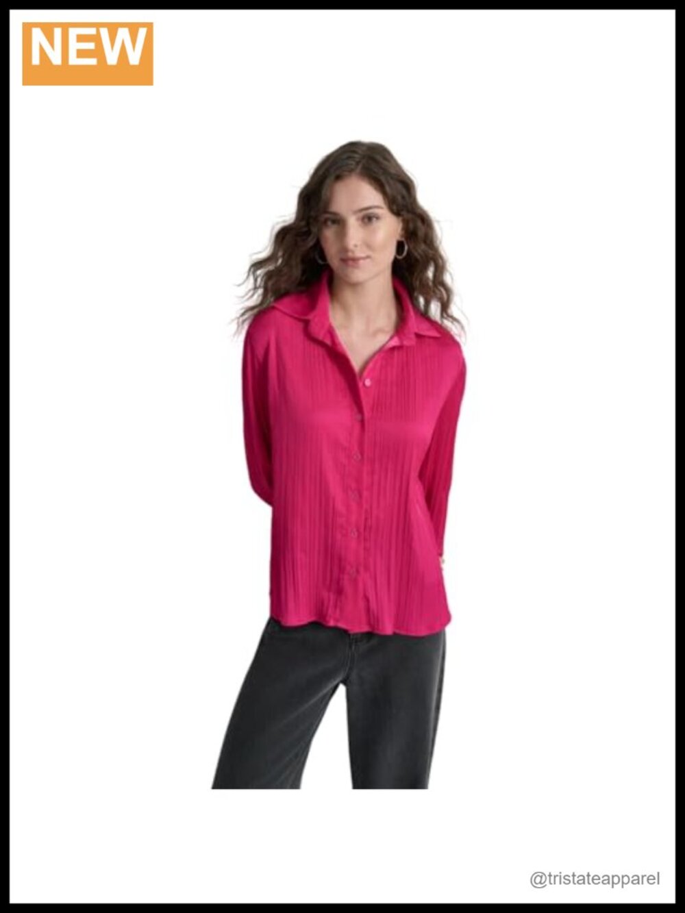 Pleated Satin Blouse Long Sleeve Button Up Work Shirt 97% Polyester